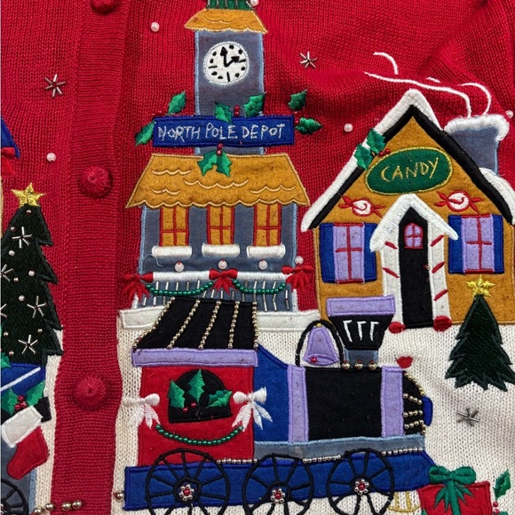Vintage Christmas Cardigan Sweater North Pole Train Toys Ugly Side Medium Beaded - Picture 6 of 7